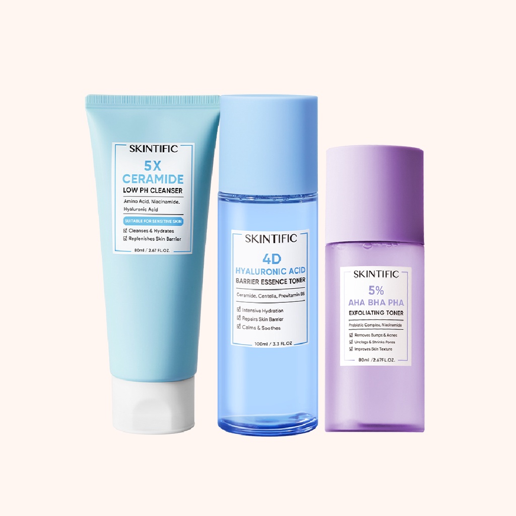 【Skintific Outlet Official】SKINTIFIC 5X Ceramide Low Ph Cleanser Gentle Cleanser For Sensitive Skin 80Ml  &amp; 4D Hyaluronic Acid (HA) Barrier Essence Toner Defeat Dryness In10S 100Ml &amp; 5% Aha Bha Pha Exfoliating Toner 【BPOM】