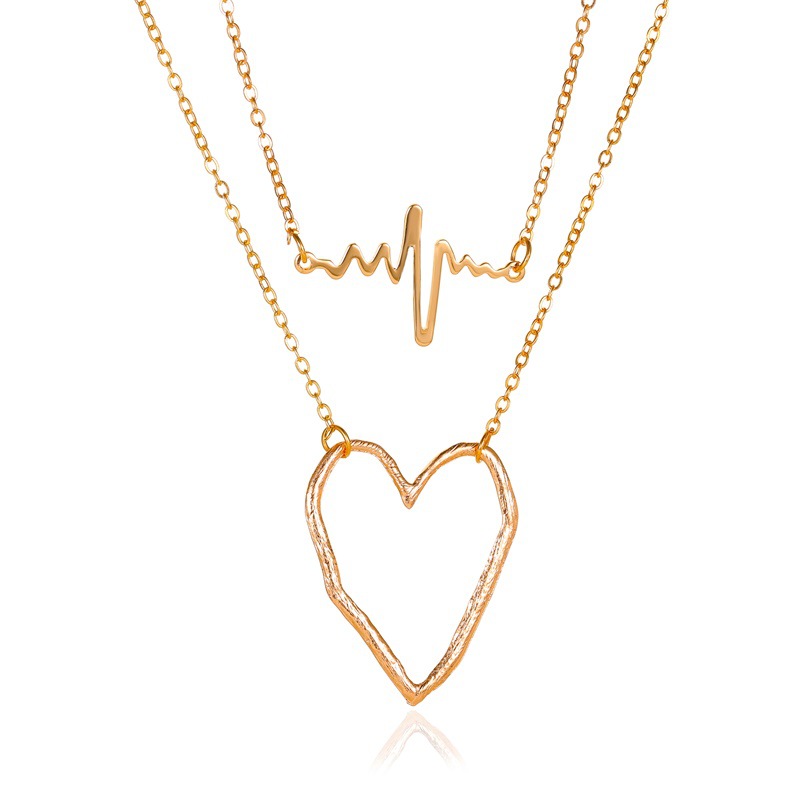 Fashion Kalung Hati Ganda Rantai Klavikula Logam EKG Yang Dipersonalisasi Hari Valentine Cinta Fashion Wanita Perhiasan