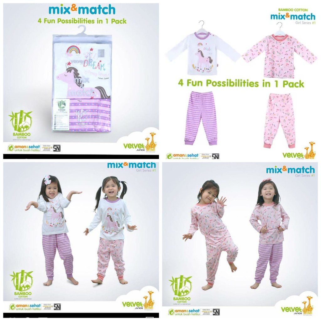 PIYAMA Anak VELVET JUNIOR Katun Bambu Mix and Match Boys and Girls size M-L-XL-2-3-4-5