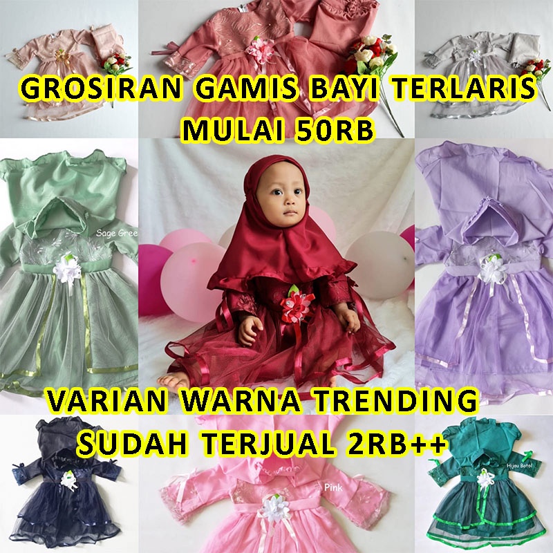 GROSIR Gamis Pesta Bayi Perempuan 6 12 Bulan Set Kerudung Brokat Mewah Cantik Terbaru 2022 Warna Abu KA65