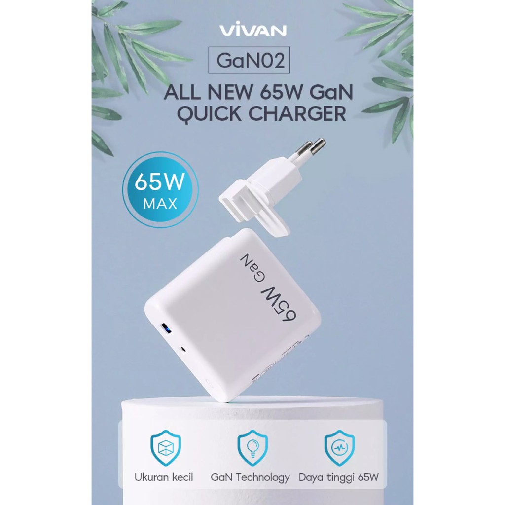 VIVAN GaN02 65W 5.4A GaN Technology QC4.0 USB &amp; Type-C Port US EU 2in1 Travel USB Charger