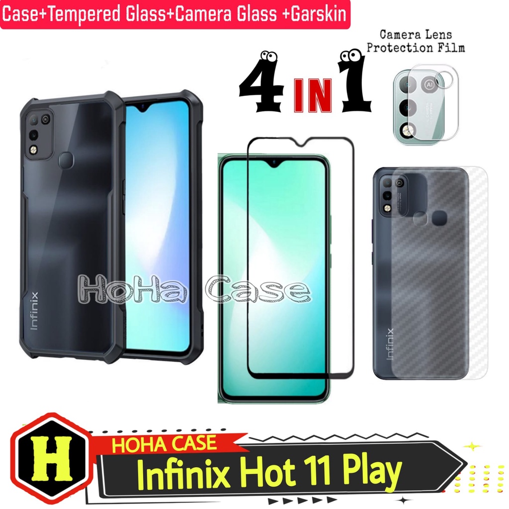 PROMO 4in1 Case INFINIX HOT 11 PLAY  Case Fusion Xundd + Tempered Glass + Anti Gores CAMERA Free GARSKIN Carbon | Anti gores Kaca | Anti Glare