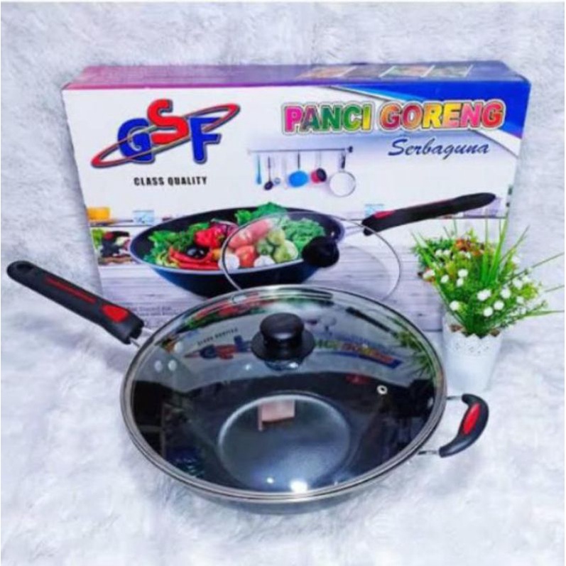 panci/wajan serbaguna enamel +tutup kaca diameter 34cm