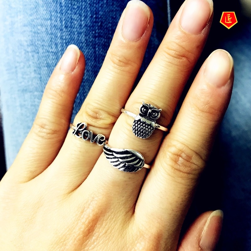 [Ready Stock]S925 Vintage Silver Owl Ring Love Feather Wings