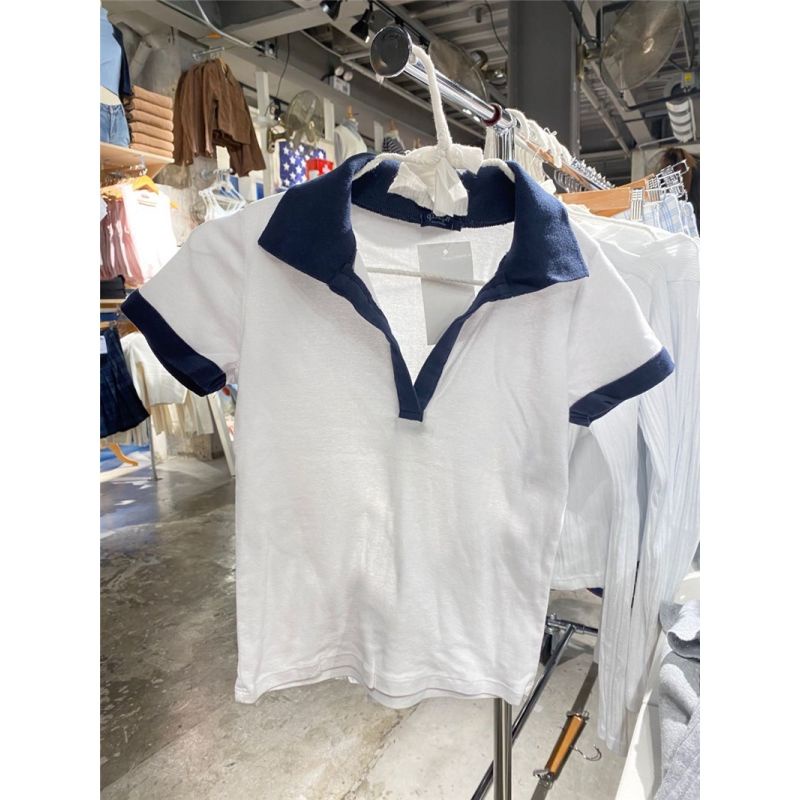 Brandy Melville situs resmi warna-blocking polo shirt pendek olahraga top bm gaya warna kontras leng