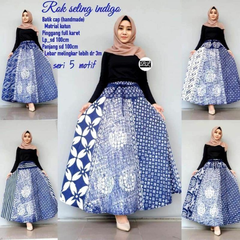 rok batik cap rok seling indigo bawahan wanita rok model klok rok payung warna biru series