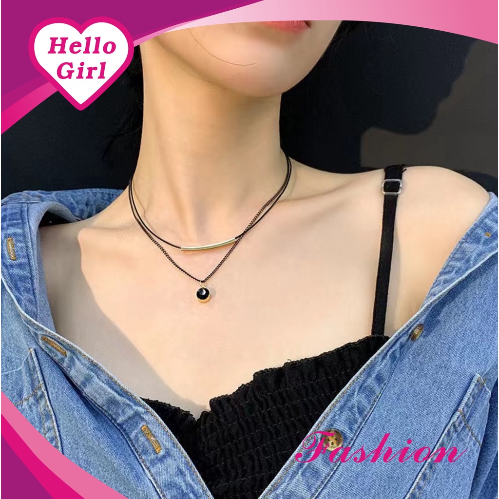 (Hello Girl)X36 Kalung Wanita 2 layer Permata Hitam Gaya Vintage Import