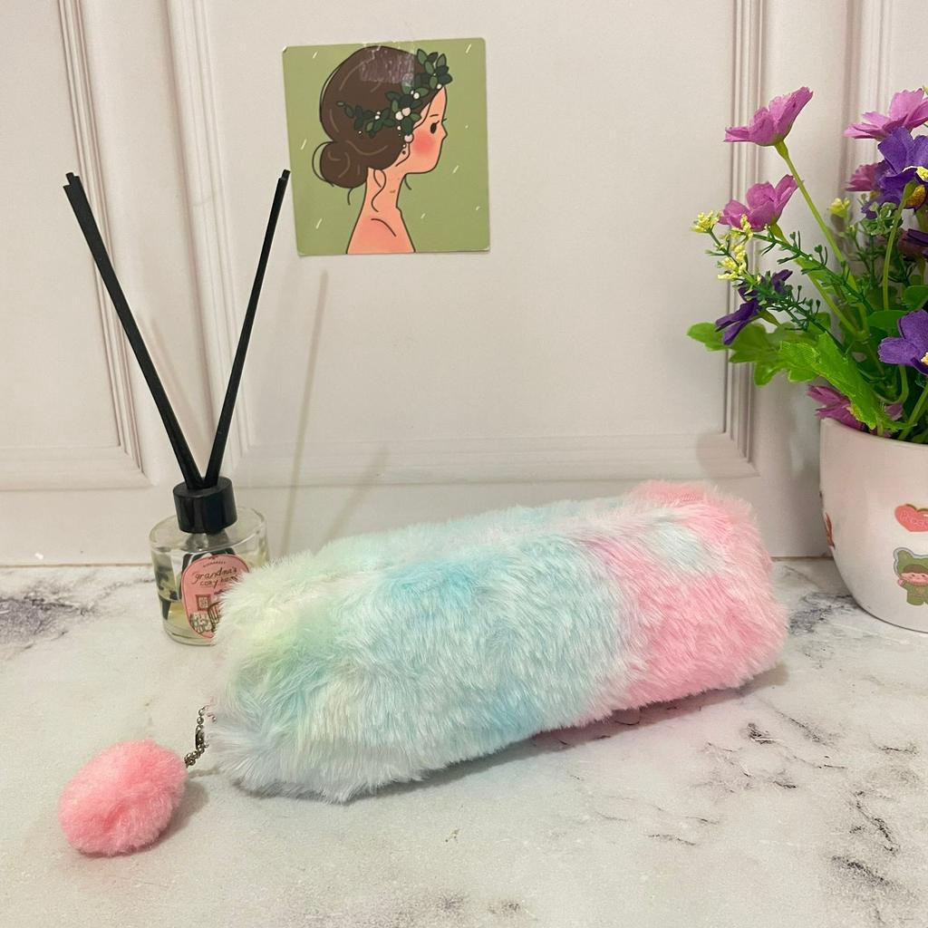 Tempat Pensil Bulu Rainbow Cute Lucu bahan kain Bludru Halus Termurah / Kotak Pensil Imut warna-warni Alat Tulis Sekolah dan kantor Stationary Fancy Best Quality bisa COD