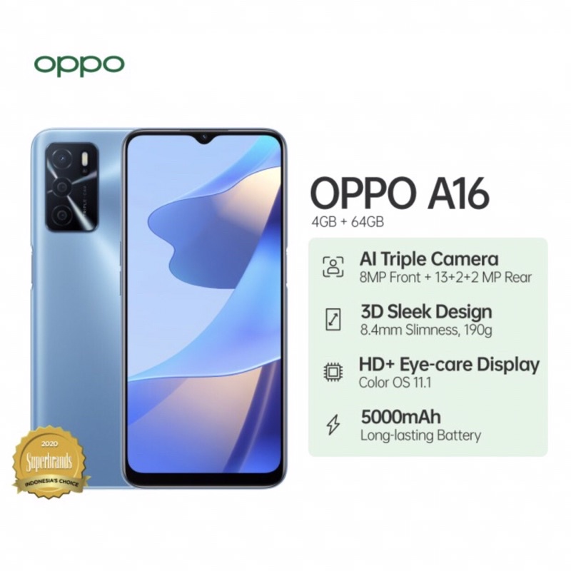 Oppo A16 [4GB+64GB ] Helio G35 - 13MP Triple Camera - 6.52&quot; IPS LCD - 5000mAh Garansi Oppo 1 Tahun