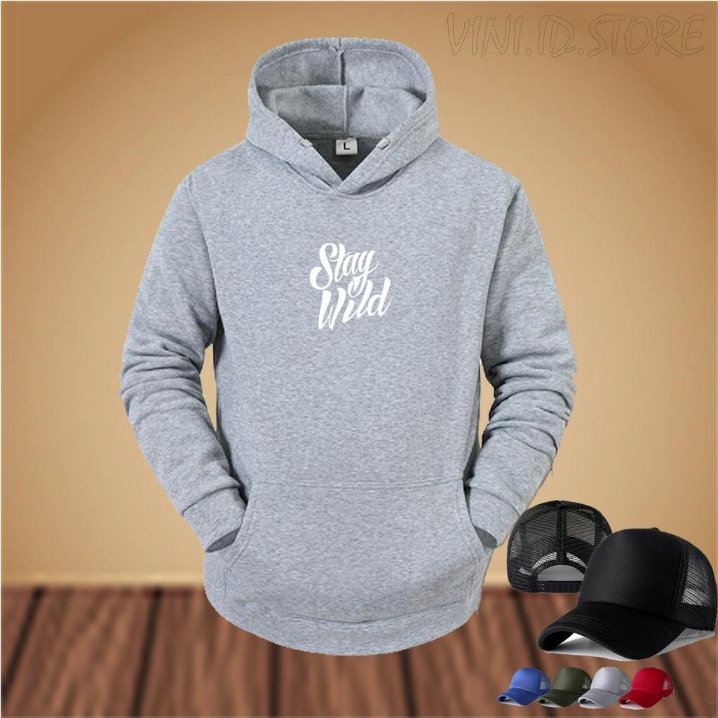 FREE TOPI POLOS.... HOODIE STAYWILD 0003 MOTIF PUTIH+TOPI//Sweatshirt Hoodie Pria/Wanita//Sweater Ke