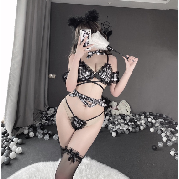 Lingerie Set Bikini kotak-kotak Sexy Babydoll Pembantu Seragam Bikini Malam B10