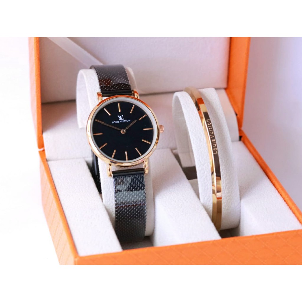 ( COD ) Jam Tangan Wanita Full Set Paket 4674 YK Louis Vuitton / LV Rantai Pasir Free Gelang & Box