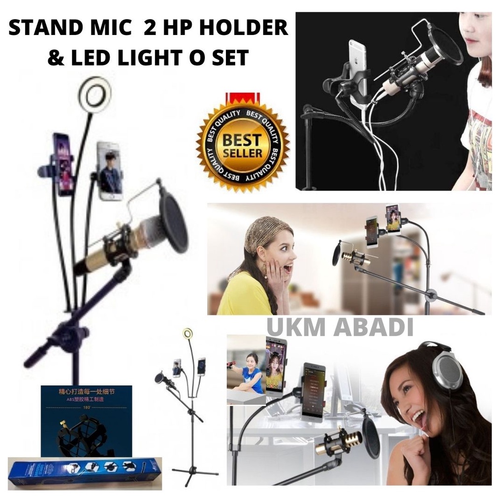 Stand Mic Mikropon Lazypod 2 HP Holder dan Lampu Ring LED Set  111159