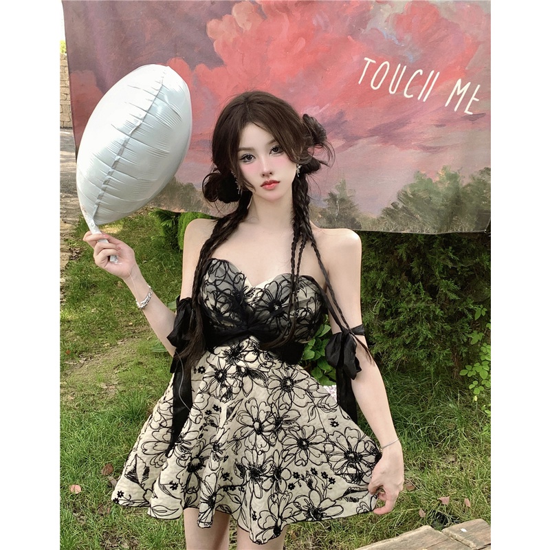 Suhao French Floral Mesh Sling Dress Peri Musim Panas Hepburn Gaya Manis Babes Tanpa Lengan Retro Le