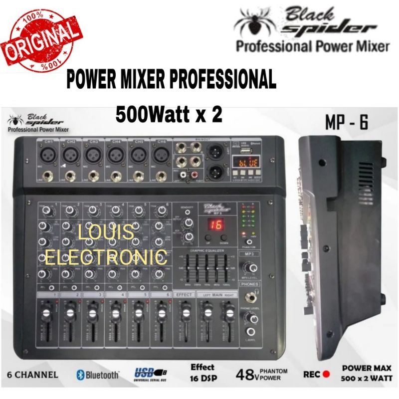 Power Mixer Black Spider MP6 MP-6 6 Channel Bluetooth ORIGINAL