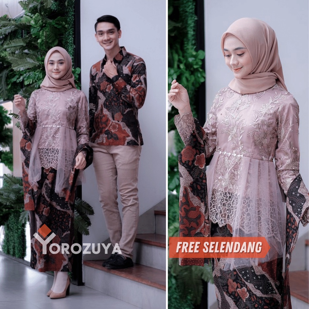 BATIK COUPLE KEBAYA TUNANGAN MODERN BRUKAT TERBARU 2021 PASANGAN BAJU KEBAYA BROKAT SUAMI ISTRI KAPE