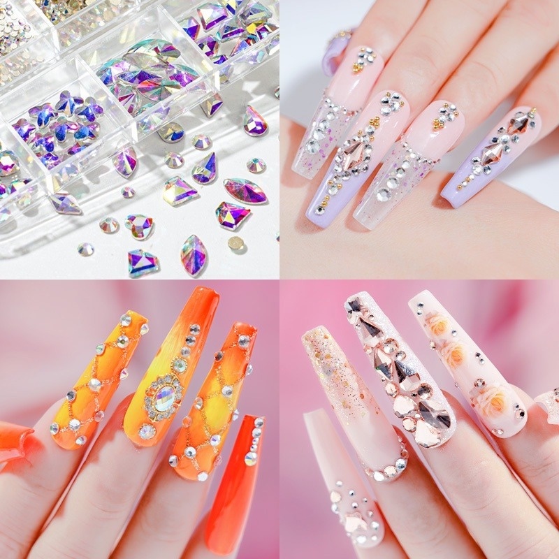 12 Grid / Set Ornamen Kristal Berlian Imitasi 3D Glitter Kaca Gem Sequins AB Untuk Dekorasi Nail Art