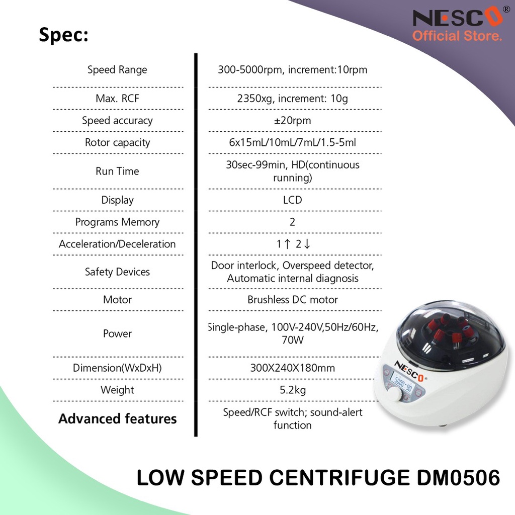 Low speed centrifuge DM0506, Nesco, Speed range from 300-5000rpm, with fixed rotor - 6x15mL/10mL/7mL/1.5-5ml