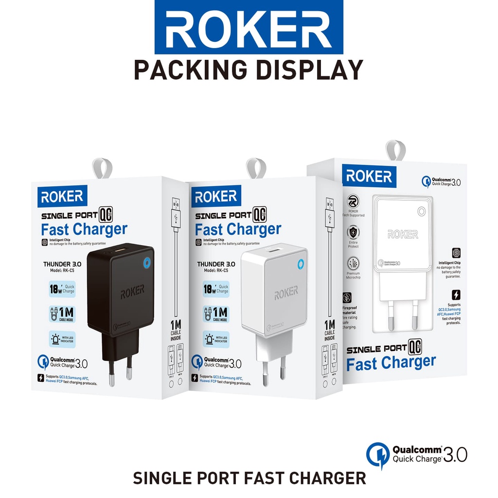 Charger ROKER Thunder RK-C5 QC 3.0 Qualcomm Adapter Quick Charger Data Cable Micro USB 100cm