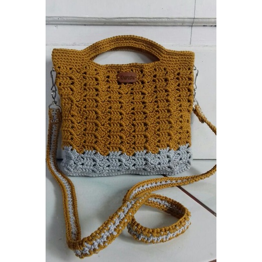 Tas Rajut Wanita Selempang Tali Panjang Motif Zigzag