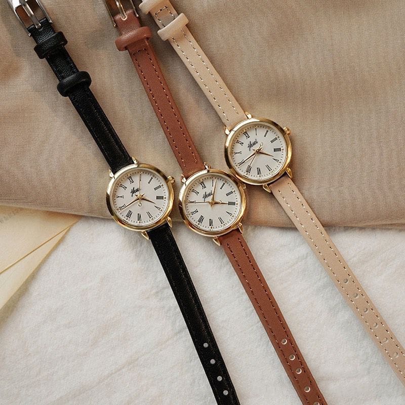 Jam Tangan Wanita Analog Kecil Dial Bulat Dengan Strap Pu Leather Korean Fashion Jam tangan Quartz Strap PU Analog casual gaya retro wanita bulat watch korean