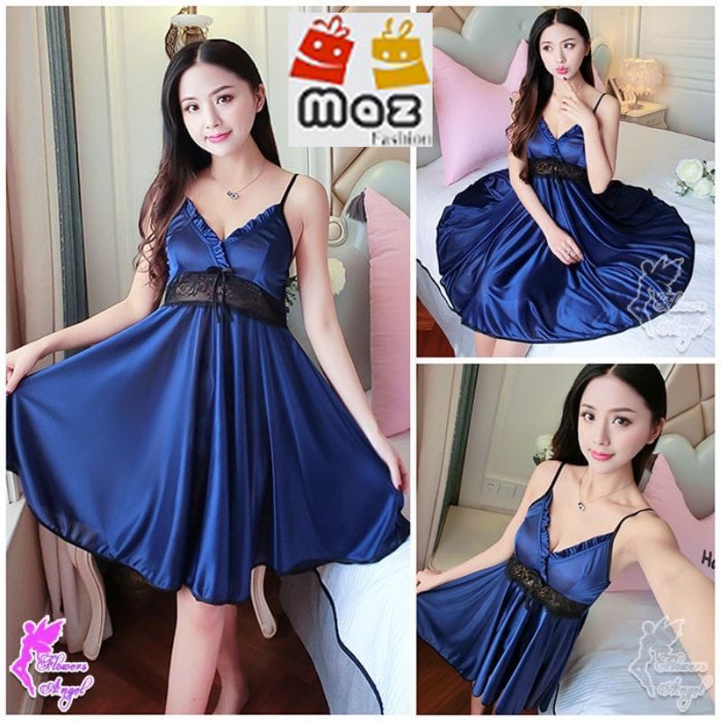 Baju Tidur Daster Lingerie Satin - Dress Tali satu Renda Hitam (PY-342)