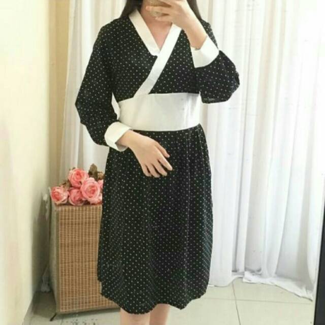 Dress Casual tangan panjang midi dress polkadot model kimono Ken-079