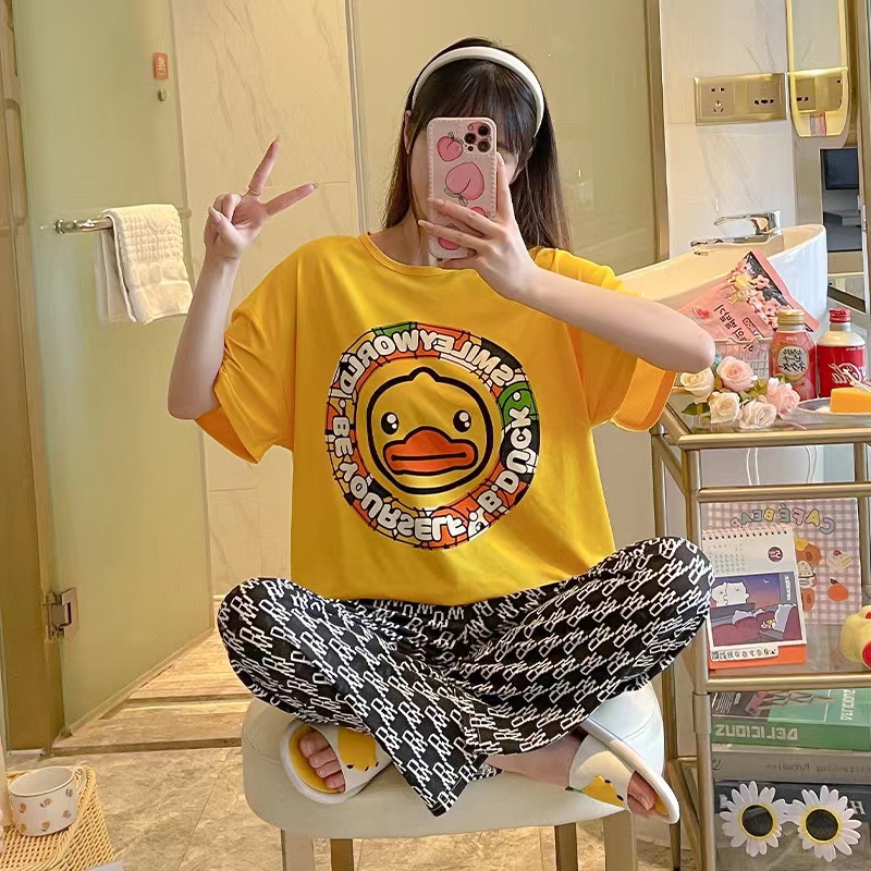 Piyama Oversize Bahan Kaos Lengan Pendek Baju Tidur Wanita pakaian tidur wanita kaos set baju tidur wanita piyama-SmileyWorld Duck