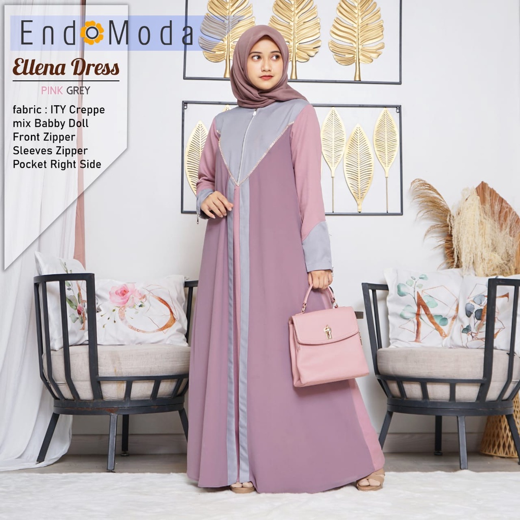 ENDOMODA ELLENA DRESS PINK GREY GAMIS MUSLIMAH
