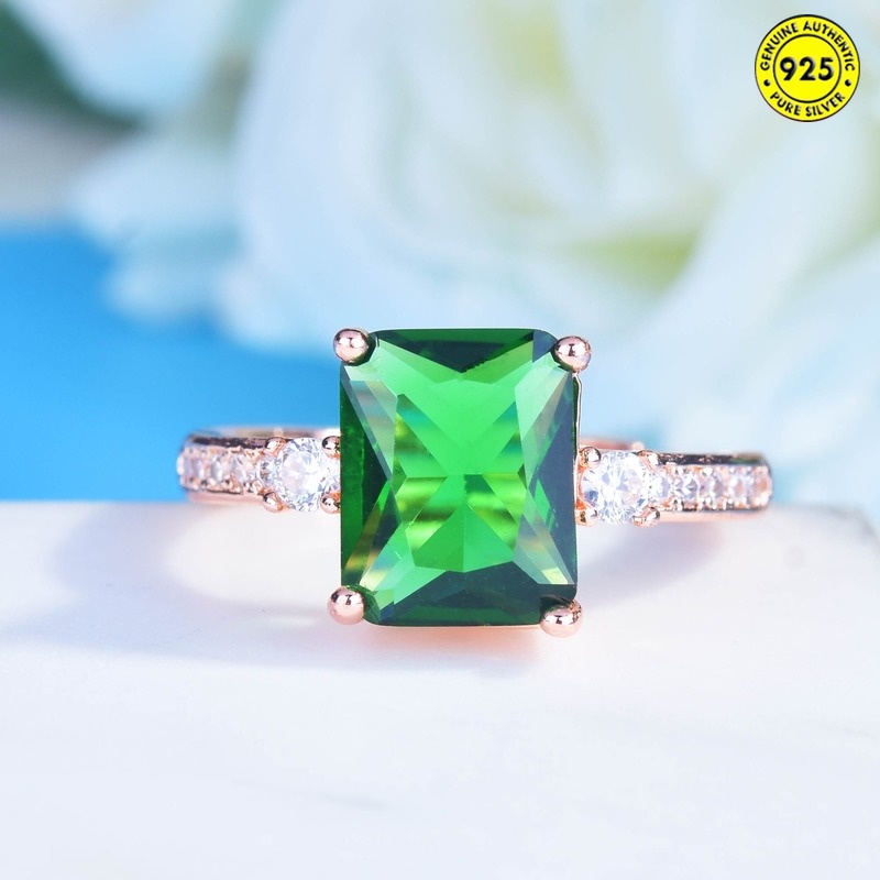 Rose Gold Green Tourmaline Ring Inlaid Emerald Colored Gems Open Ring for Women