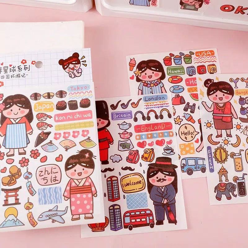 

4 in 1 sticker cute character girl series dari ZAOMO for diy scrapbook diary jurnal uncut