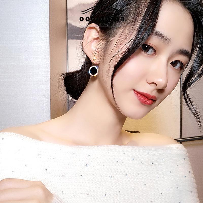 COD❤️1 Sepasang Anting Perak 925 Pejantan Pejantan Geometris Berlian Hitam Wanita Aksesoris Fashion Mewah Korea