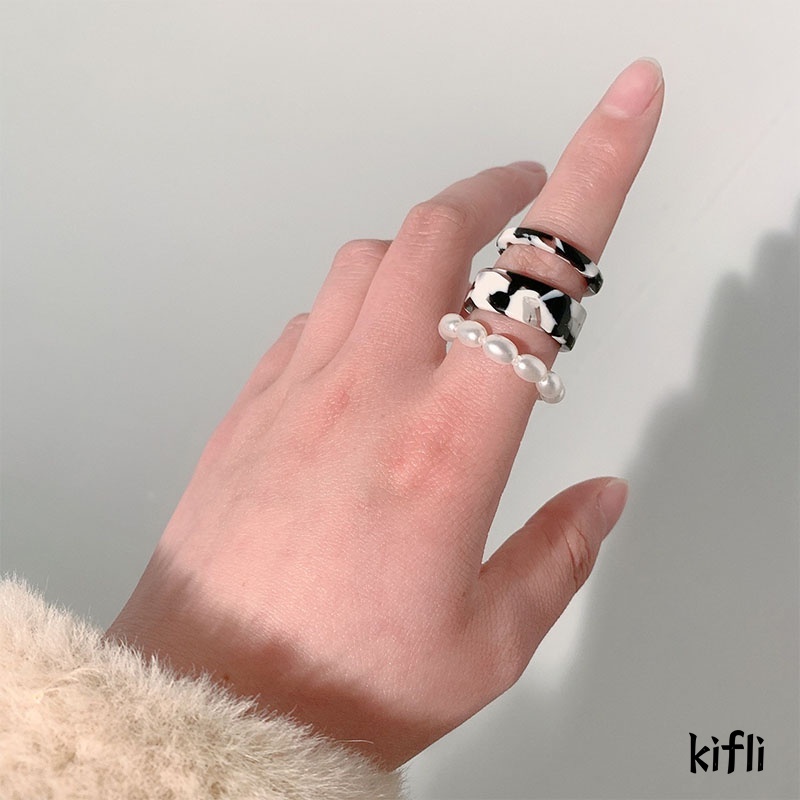 Korea Mutiara,Hitam Putih Set,Cincin Wanita Perhiasan Sederhana Cincin Jari