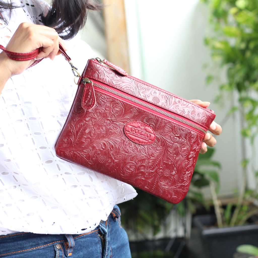 CLUTCH WANITA KULIT SAPI PULL UP ASLI LAILY DOUBLE ZIPPER BATIK MAROON / FREE GRAVIR NAMA