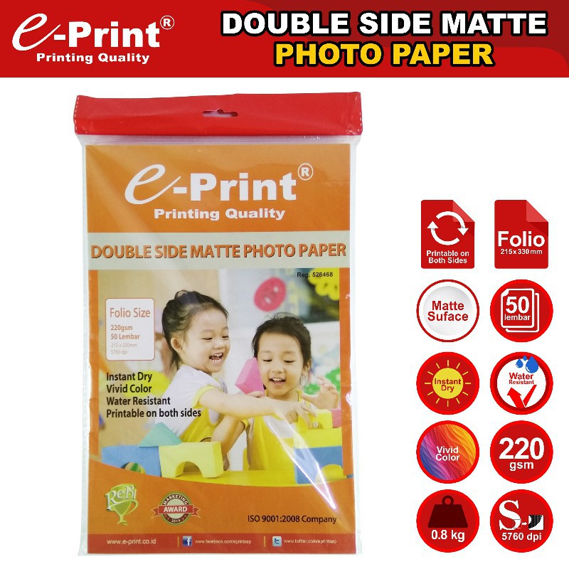 

[PAK] DOUBLE SIDE MATTE PHOTO PAPER EPRINT FOLIO F4 220 GSM 50 LEMBAR*