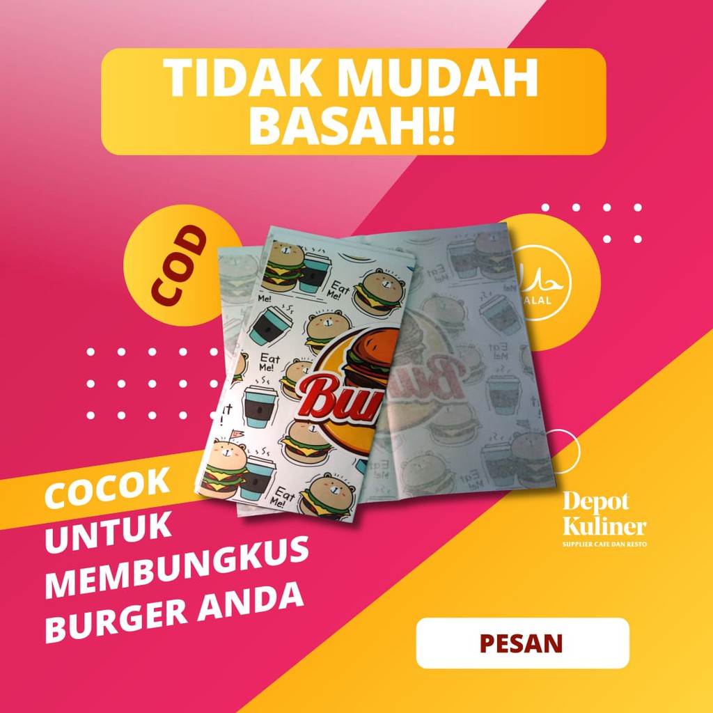 Kertas Bungkus Burger Nasi Hot Dog Kebab Roti sosis Motif Murah isi 100 Lembar