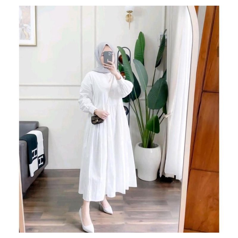 MIDI DRESS CRINKLE AIRFLOW PUTIH & HITAM LD 110CM WANITA TERBARU PREMIUM TERMURAH KEKINIAN HITS JUBA