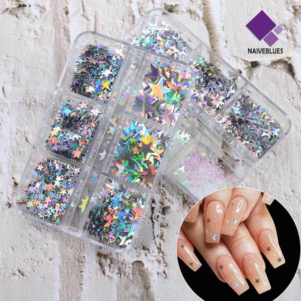 Naiveblue 1 Kotak Sequin Bintang 3D Multi Warna Aksesoris Nail Art / Manicure DIY