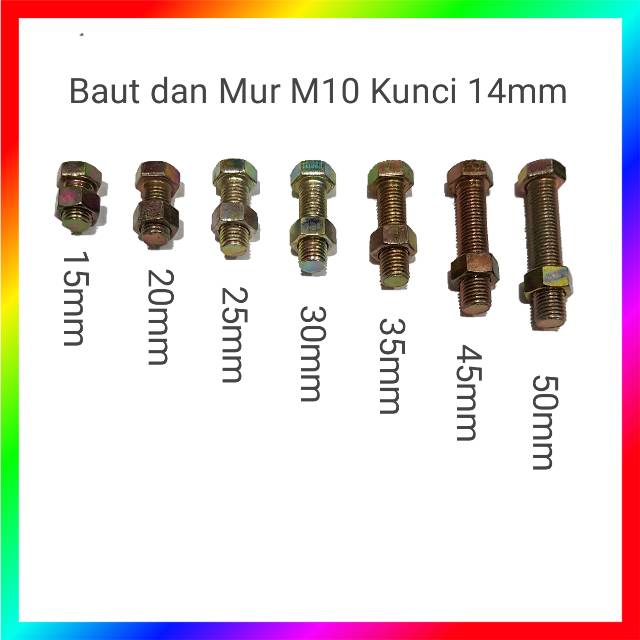 Baut dan mur M10 15 - 50mm kepala kunci 14