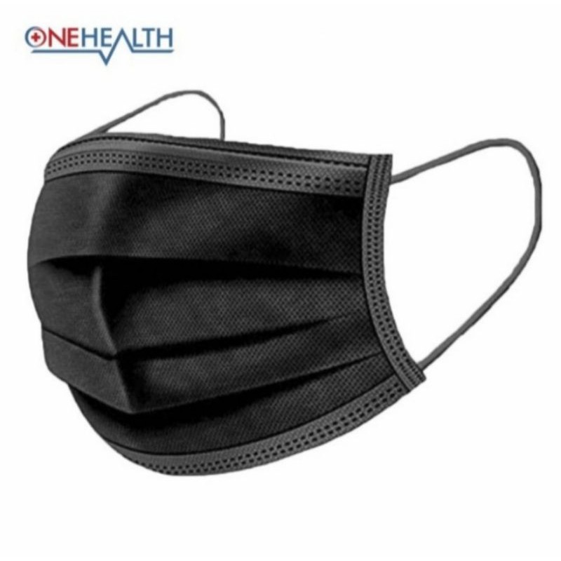 Masker 3 Ply Earloop OneHealth Black Edition Per Box isi 50pcs