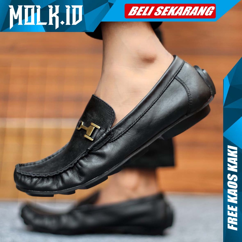 MOLK Sepatu Kasual Slip On Pria Kulit Asli Trendy Kekinian Pantofel Kerja Kantor Murah Anti Slip