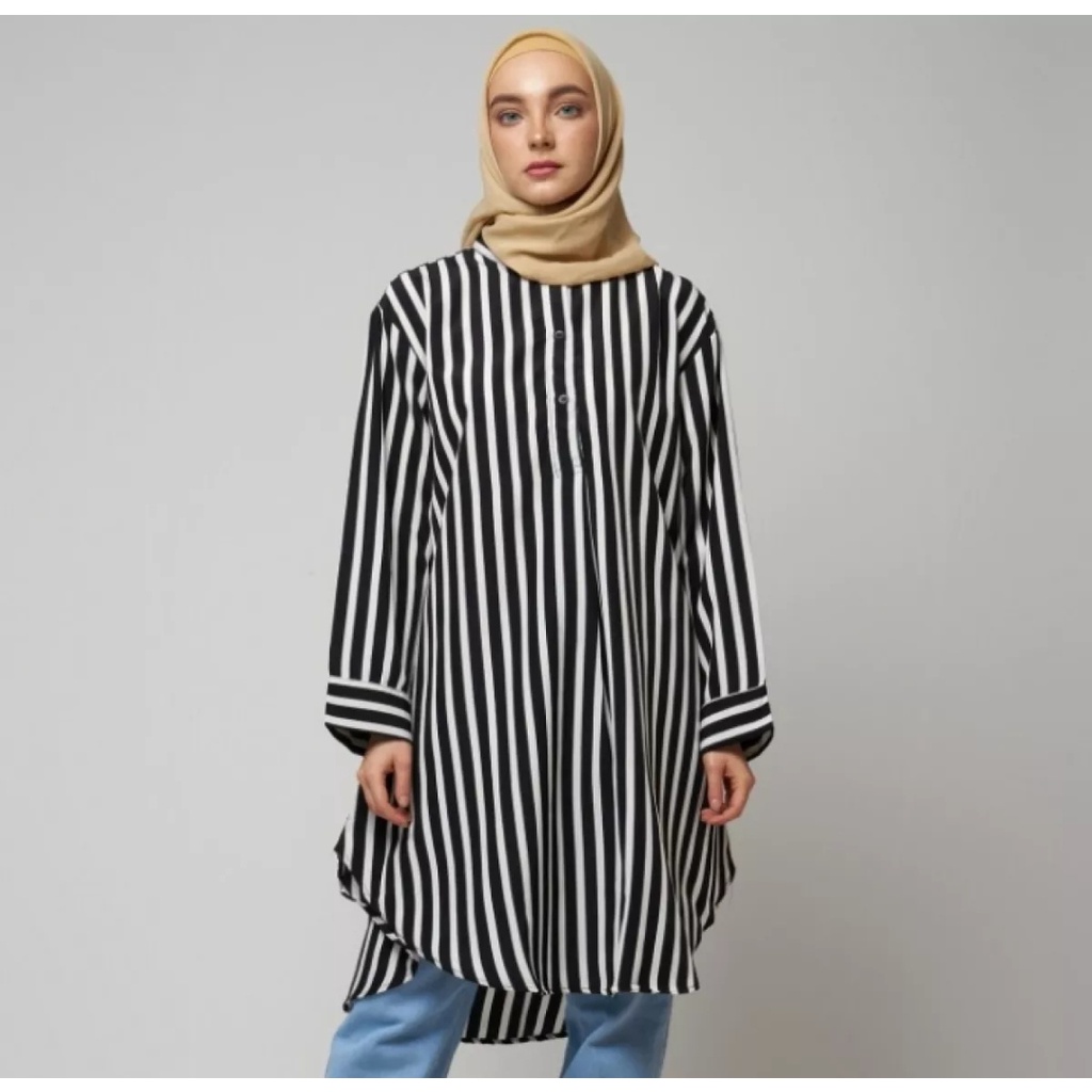 Tunik Salur Jumbo L XL XXL 3XL 4XL LD 120CM Tunik Garis Tunik Baju Kasual Baju Kerja Baju Busui Baju Murah Baju Terlaris Terbaru Dan Kekinian Gaya Retro Motif Salur Motif Garis Bahan Adem Nyaman Dipakai