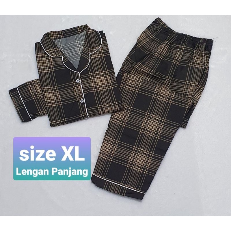 Setelan Lengan Pendek Piyama Baju Tidur Wanita Guilen Kotak Pajamas Cewek Dewasa Kekinian Abg-XL Lgn Panjang Hitam