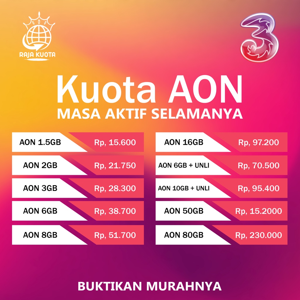 Paket data kuota Tri AON 1gb 2gb 3gb 6gb 8gb 16gb