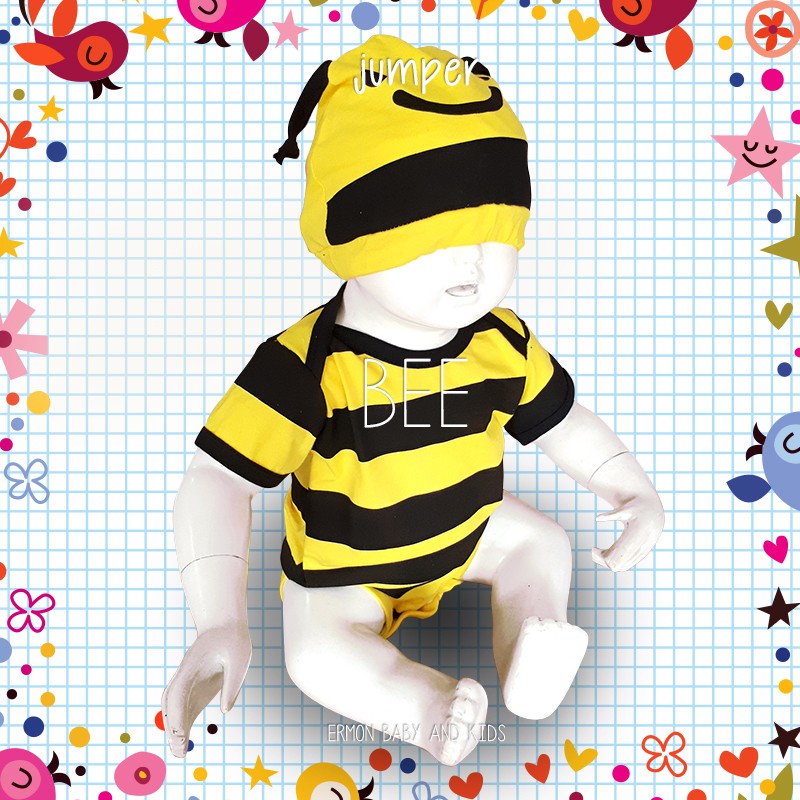 Ermon Baby - Jumper Bayi Laki Laki Perempuan Jumper Baby Cowok Cewek Lucu Karakter Lebah Bee + Topi Usia 0 - 12 Bulan
