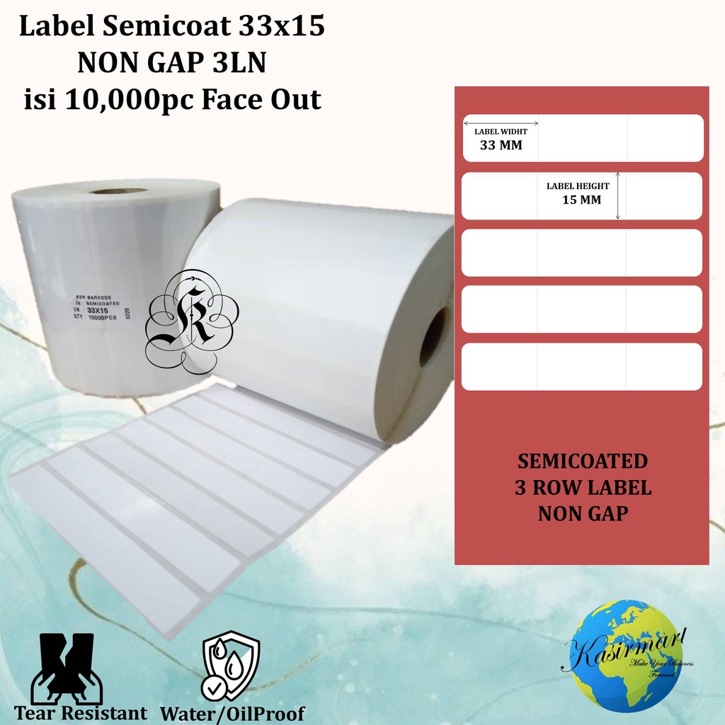 NON GAP LABEL BARCODE 33x15 MM (3 LINE) GAP ISI 10.000 PCS / KERTAS STICKER LABEL SEMICOAT 33x15 MM