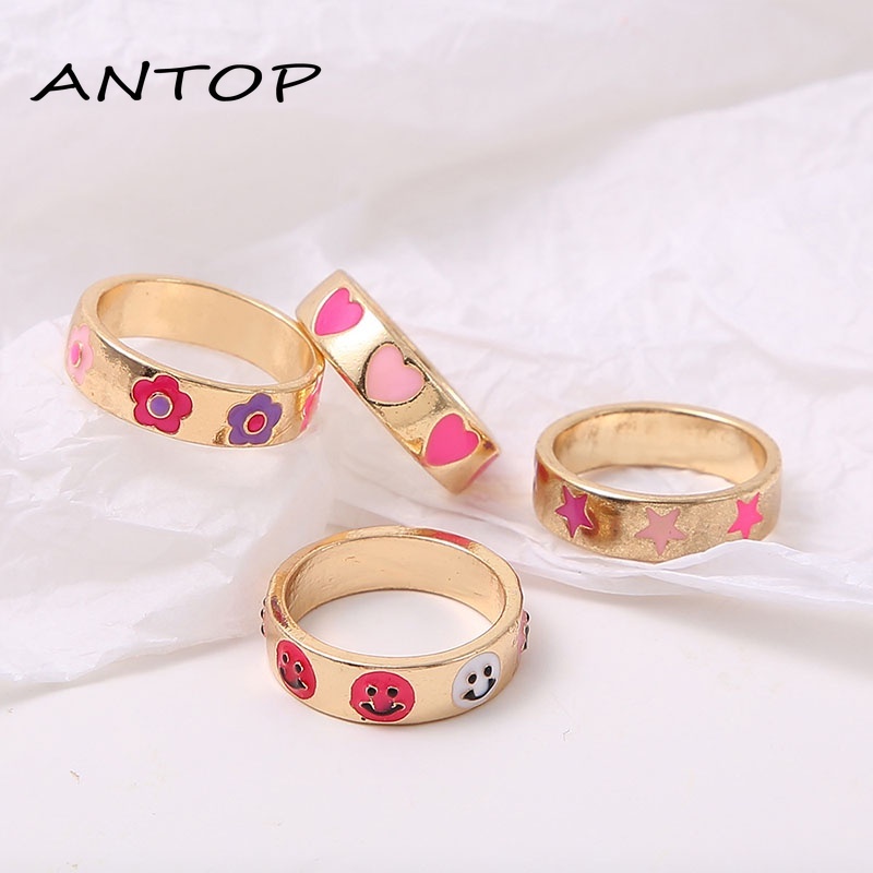 Fashion Sederhana Macarons Bohemian Kartun Cincin Cinta Smiley Bunga Bintang Seri Cincin Pasangan ANTOP