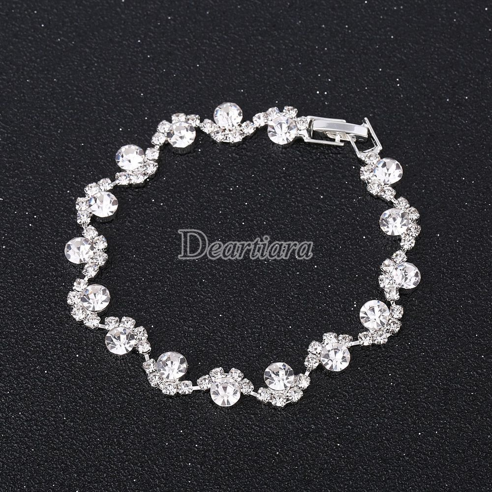 Set Perhiasan Kalung Anting Gelang Berlian Warna Silver Untuk Aksesoris Pengantin Pernikahan