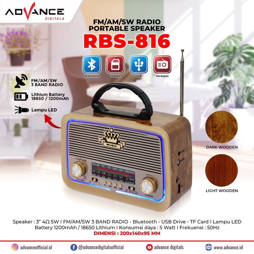 Advance Portable Speaker Radio Bluetooth RBS-816 Classic / RBS816 Radio GARANSI RESMI 1 TAHUN