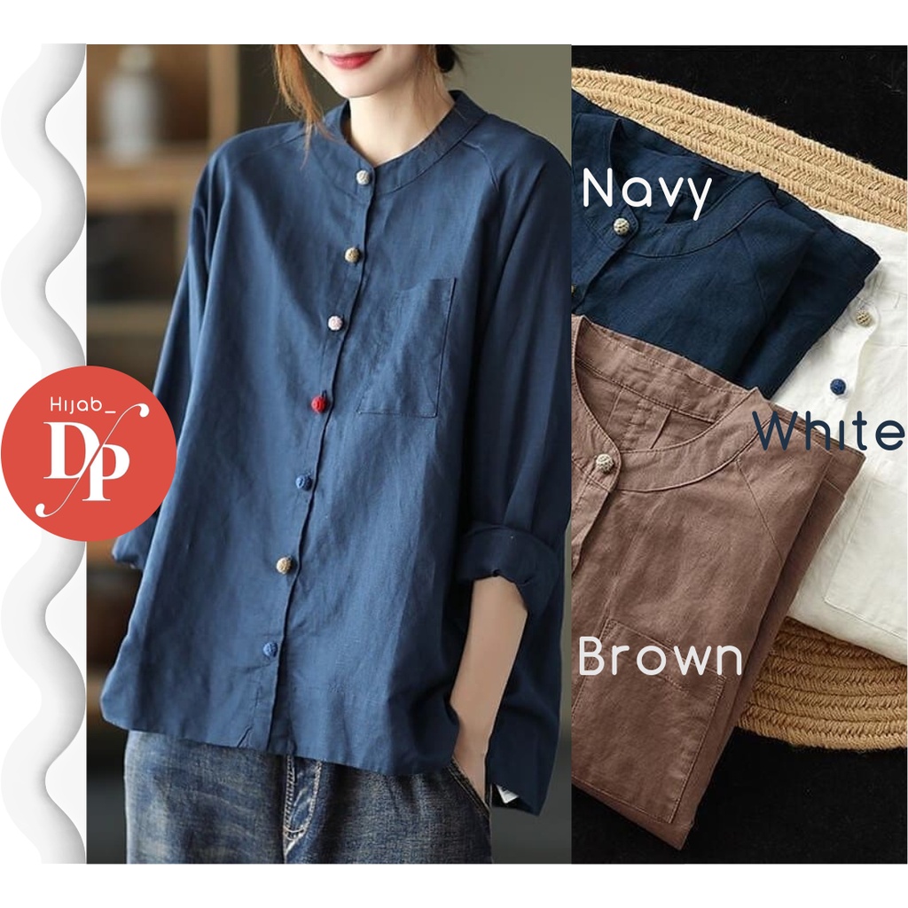 Blouse Korean Style Jumbo Lengan Panjang Qinara Bluse Polos Bahan Linen Busui Friendly Kancing Hidup